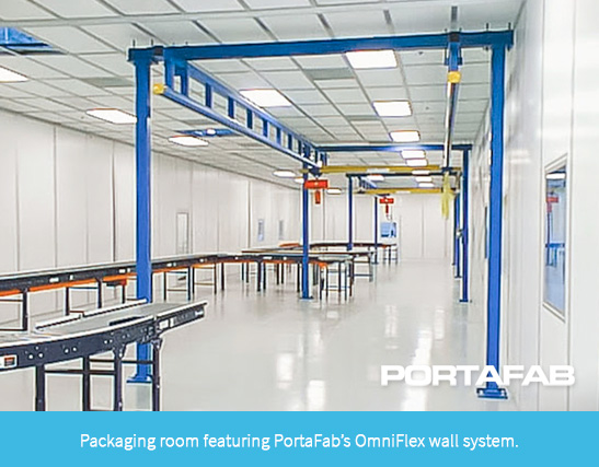 Packaging room featuring PortaFab's OmniFlex wall system