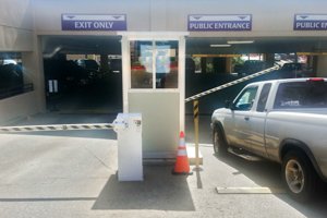 ticket booth at entrance to parking lot
